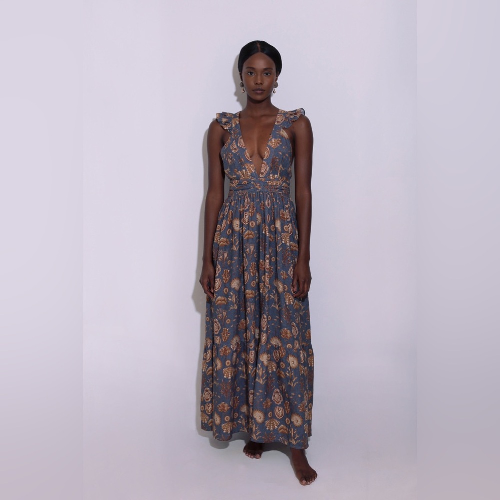 CAROLINA K Penelope Flutter Sleeve Maxi Dress Grey Linen Sea Beach Print - Picture 4 of 10